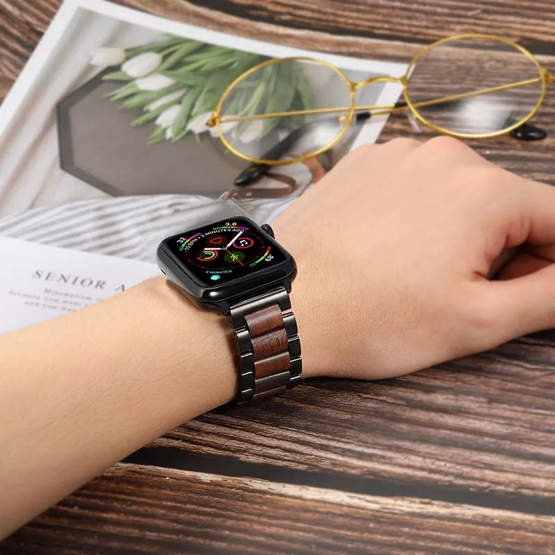 Ремешок из нержавеющей стали и натурального дерева для часов iWatch Apple Watch Series 5 4 3 2 44 мм 40 мм 42 мм 38 мм для мужчин и женщин ремешок на запястье