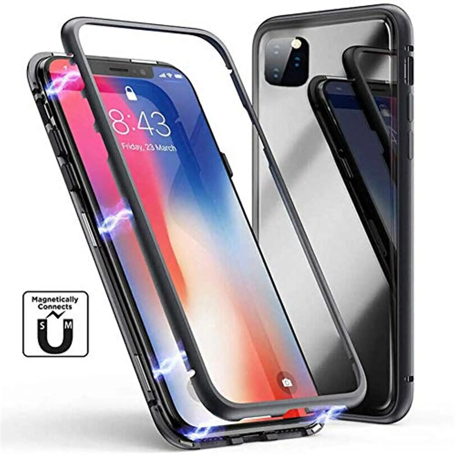 360 полный защитный Магнитный адсорбционный чехол для iPhone XS Max 11 Pro 6 6S 7 8 Plus, чехол из закаленного стекла, магниты, металлический бампер - Цвет: Black