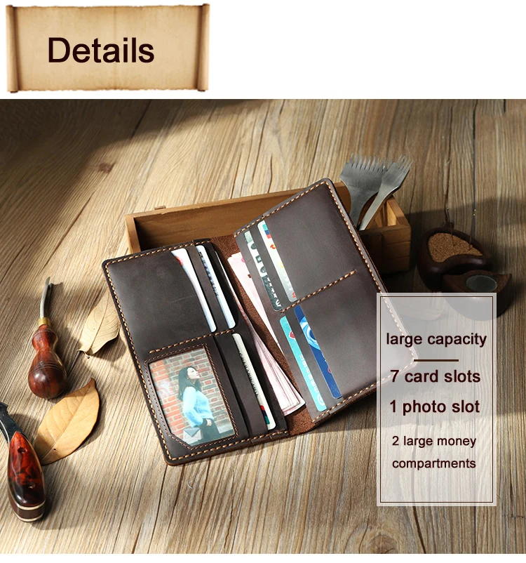 100% Handmade Vintage Crazy horse Genuine Leather wallet men long wallet Leather men Purse male money clips money bag Clutch Bag 6
