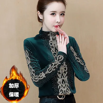 

Plus Velvet Gold Velvet Base Shirt WOMEN'S Dress Autumn And Winter 2019 New Style chao yang Gas Long Sleeve on Clothes Underwear