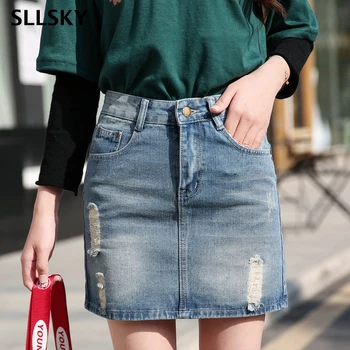 

SLLSKY Summer New Wash Denim Mini skirt Female High waist Hole Street Vintage Hip skirt Zipper Fashion Casual Chic short skirt
