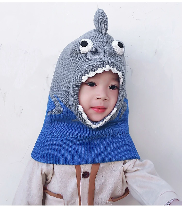 High Quality Baby Hat Winter Cartoon Shark Shape Baby Boys and Girls Cap Knitted Wind-proof Keep Warm