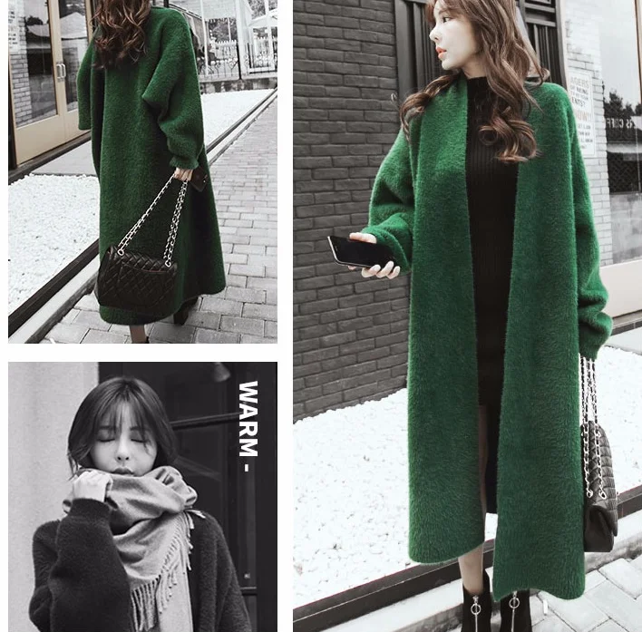 

Women New Synthetic Mink Cashmere Solid Sweater Cardigan Winter Coat Batwing Sleeve Knitted Long Cardigan Thick Sweaters