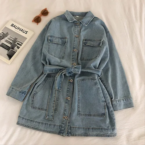 light blue Однобортное джинсовое пальто, новинка весны, женский кардиган средней длины, джинсовая рубашка, Повседневная джинсовая Блуза с длинным рукавом и поясом - Цвет: light blue