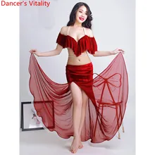 Женский костюм для Танцев Живота, топ с оборками, юбка, велюровая сетка, комбинированный комплект, восточные Индийские танцы, одежда для сцены