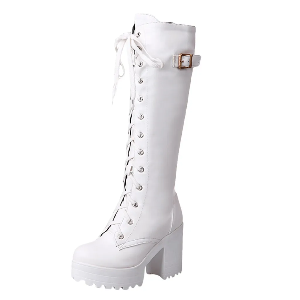 Женские сапоги; пикантные туфли на высоком каблуке; женские сапоги до колена на толстой платформе со шнуровкой; зимние сапоги; zapatos de mujer; большие размеры - Цвет: Белый