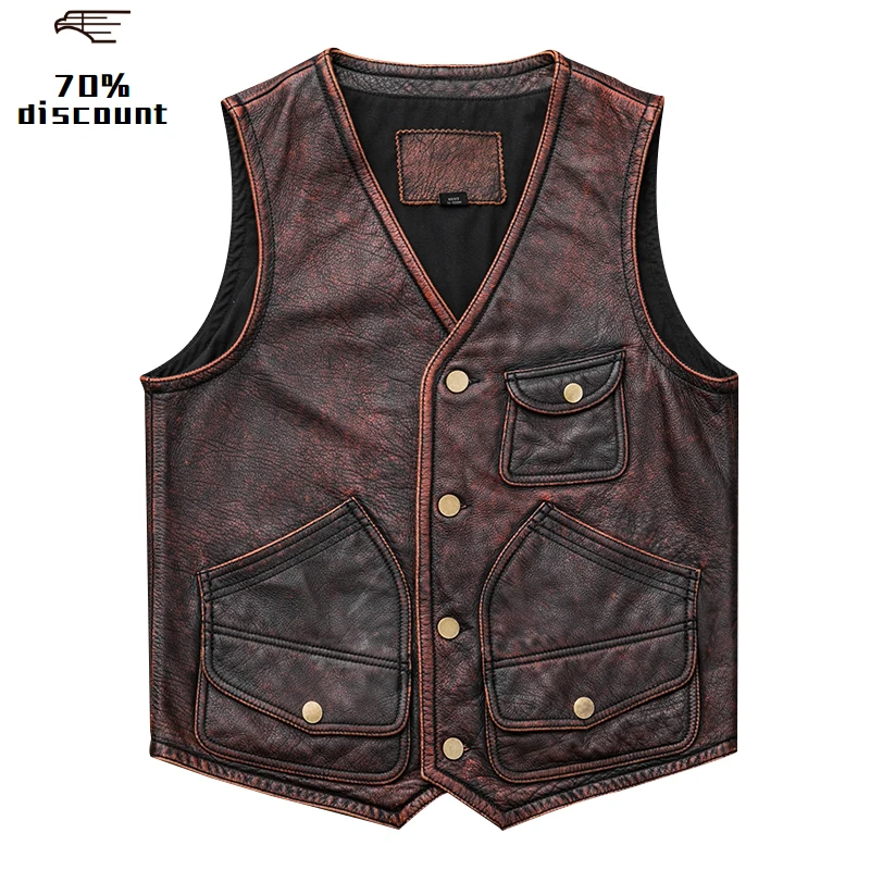 

2020 Vintage Brown Men American Casual Style Short Motorcycle Leather Vest Genuine Cowhide Slim Fit Biker's Leather Vest