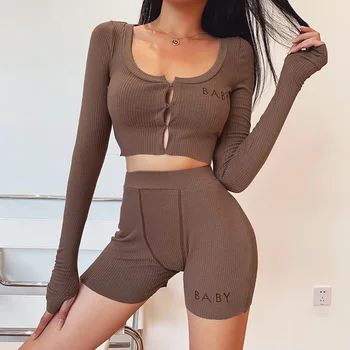 

High Street 2020 Women Winter Fashion Sexy Long Sleeve BrownBlack White Sport Two Piece Women Set Fashion Designer Women's Set