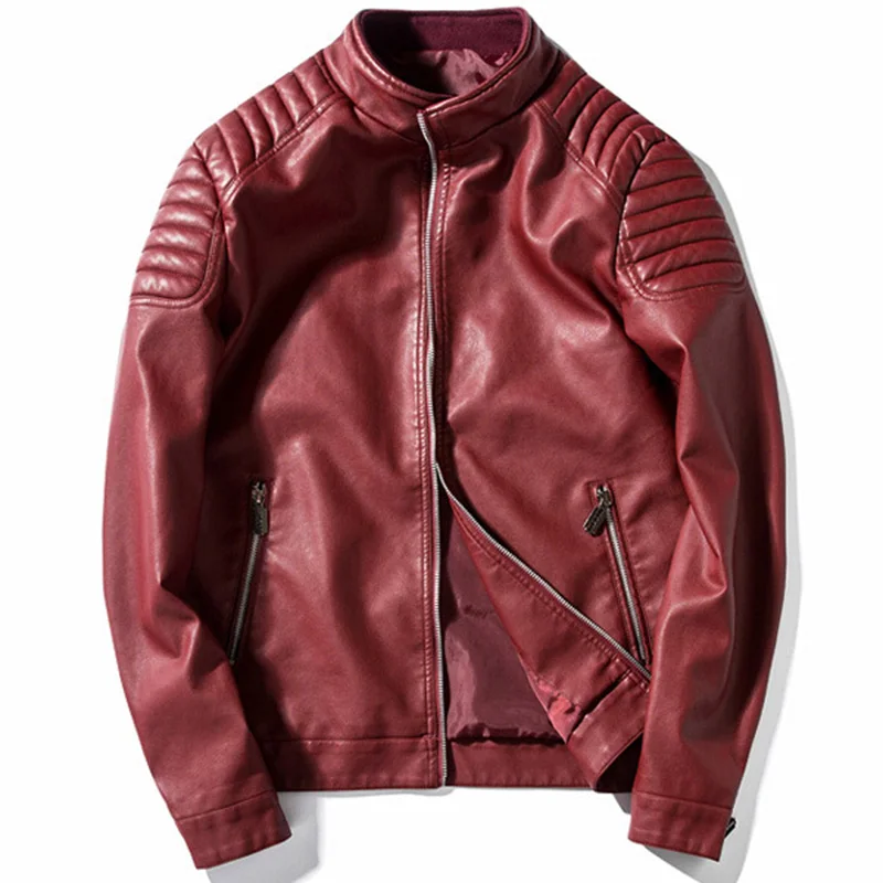 Воротник-стойка, модная Облегающая бордовая красная кожаная куртка, Мужская мотоциклетная байкерская куртка, Мужская черная бордовая темно-синяя