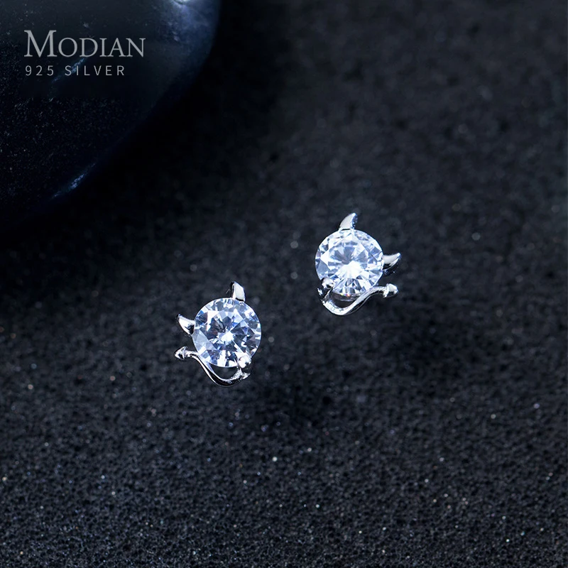 Modian Trendy 100% 925 Sterling Silver Cute Demon Clear CZ Small Stud Earrings for Women Fashion Korean Fine Jewelry | Украшения и