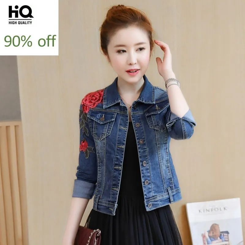 

Flower Embroidery Womens Short Style Jeans Jacket Casual Cotton Female Outerwear Coat Long Sleeved Autumn Denim Chaqueta Mujer