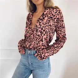 Сексуальный шифон Леопардовый принт рубашка женская с длинным рукавом однобортные Топы