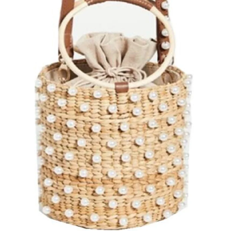 

2021 New Fashion Straw Woven Shoulder Messenger Bag Handbags Women Hand-woven Bucket Bag Pearl Bucket Bag