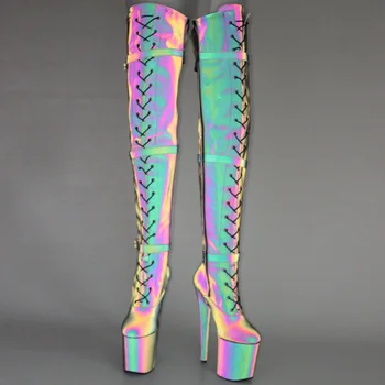 JIALUOWEI 8 Inch Lace Up Thigh High Boots Sexy Exotic Pole Dance Colorful Reflective Fabric Luminous Platform Shoes 6