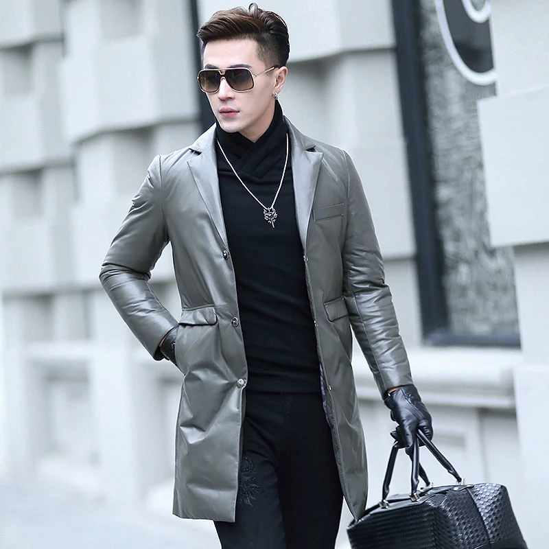 

New Men's Leather Down Coat Male Long Suit Collar Slim Sheepskin Down Jacket Light, Thin and Warm Men Winter Leather Coats