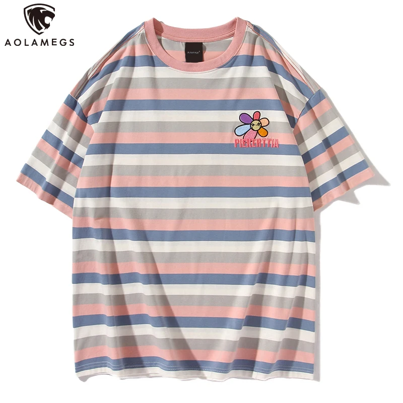

Aolamegs T Shirt Men Harajuku Flower Colorful Striped Print T-Shirt Short Sleeve College Style Couple Tops Tee Summer Streetwear
