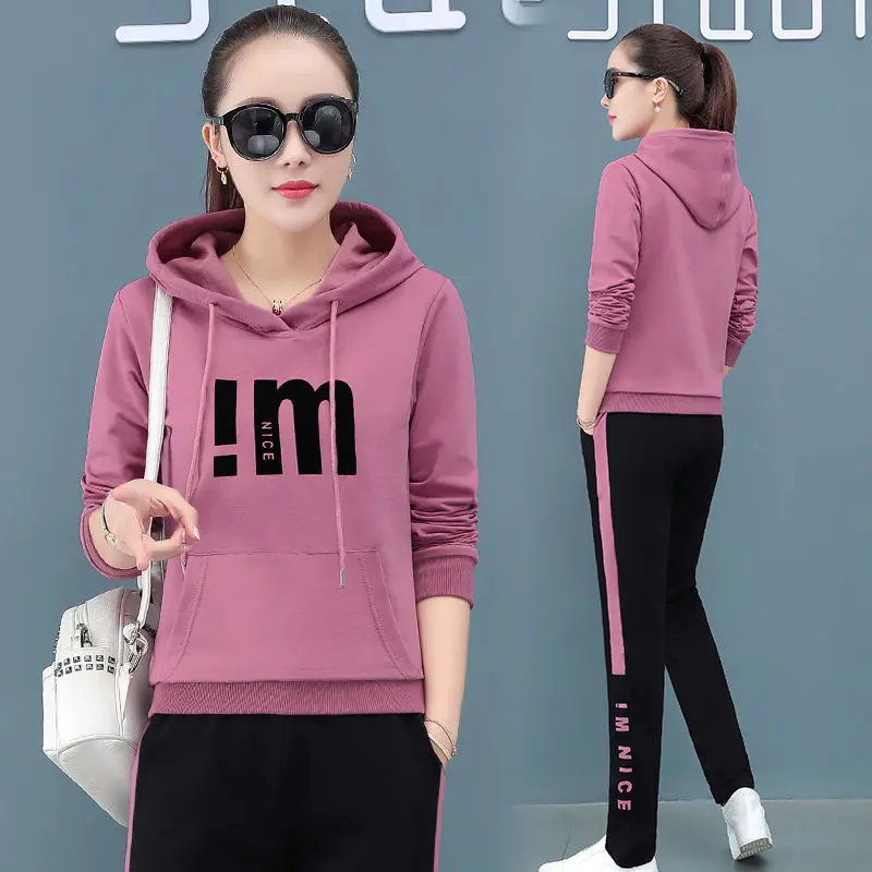 

Spring Autumn 2020 2piece Set New Long Sleeved Casual Hooded Sweater Two Piece Sets for Women Clothes Yellow Red Pink Blue