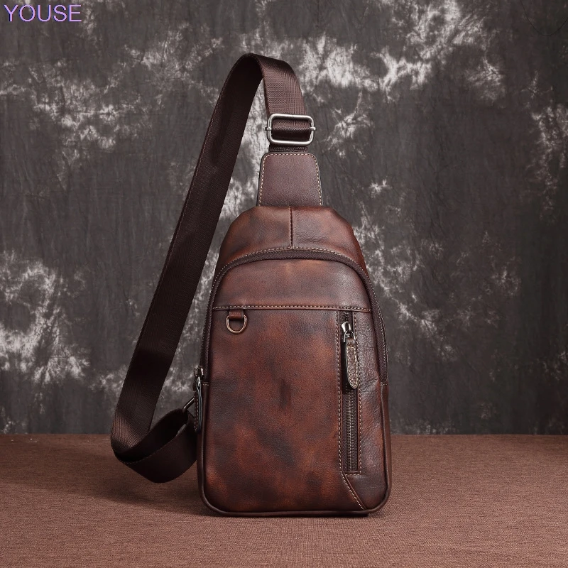 

Genuine Leather Cowhide Men Retro Outdoor Multi-functional Chest Pack Retro Men's Bag First Layer Cowhide Messenger Bag