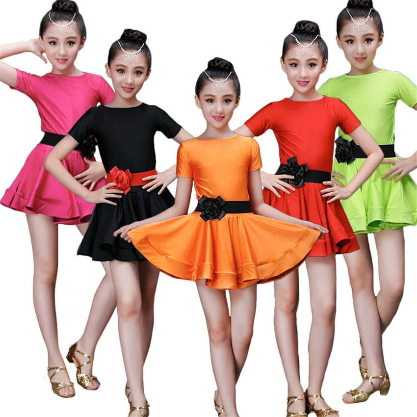 En Ligne Enfants robes pour filles danse latine robe à manches courtes salle de bal compétition pratique solide Tango scène Performance Costumes
