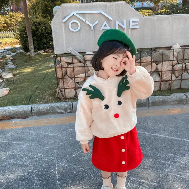 Новое поступление, Осенний модный костюм из 2 предметов с рисунком оленя для девочек детские теплые флисовые комплекты топ+ юбка рождественские комплекты