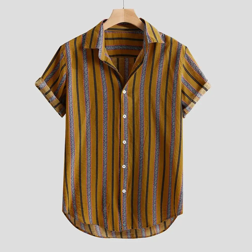 

2019 Hot Sale New Tee Shirts Men's Colorful Stripe Summer Short Sleeve Loose Buttons Casual Shirt Blouse Herren Freizeithemd