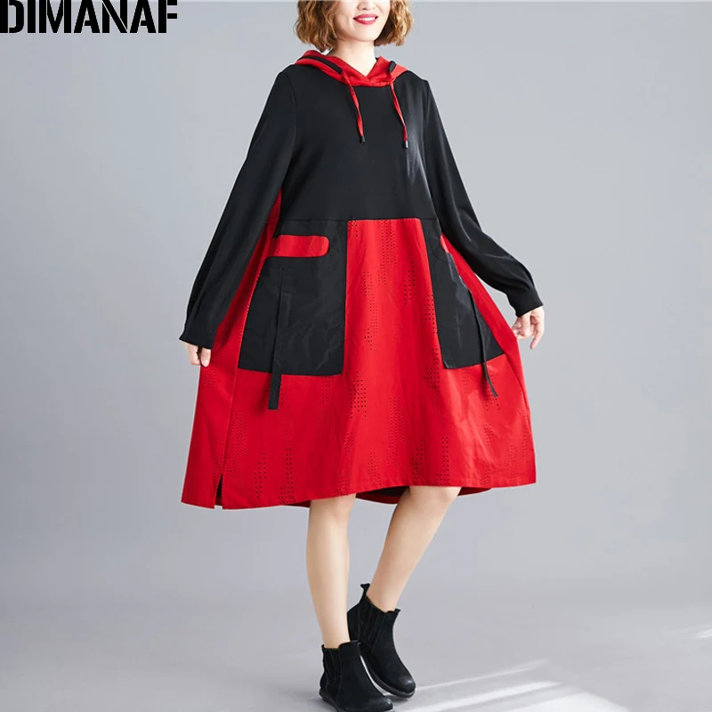 Skup DIMANAF jesień sukienka damska plus size z długim rękawem bawełny z kapturem Lady Vestidos luźne odzież damska w stylu casual, plisowana łączona sukienka