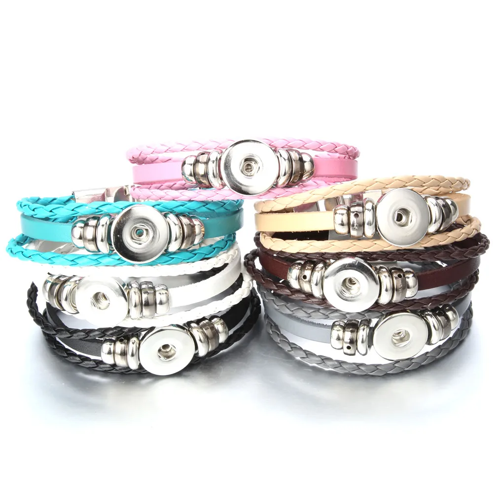 

New Snap Leather Bracelet Handmade Braided Button Snap Bangles fit 18MM Snaps for Women Men Buttons Jewelry