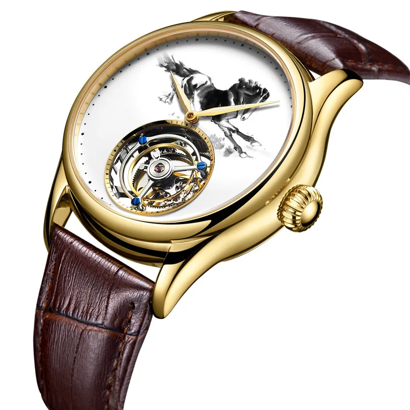 Best Quality  Men Real Tourbillon Watch Mechanical Hand Wind Top Brand Luxury Skeleton Clock Enamel Dial Horse Ma
