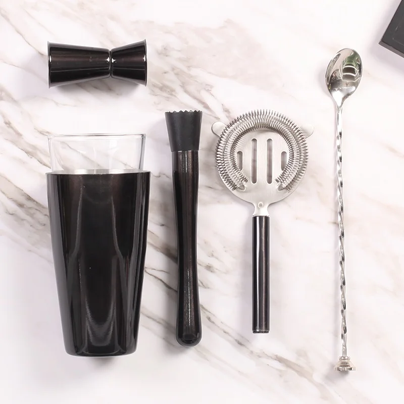 Unique cocktail shaker bar 5-piece stainless steel black cheap bar set