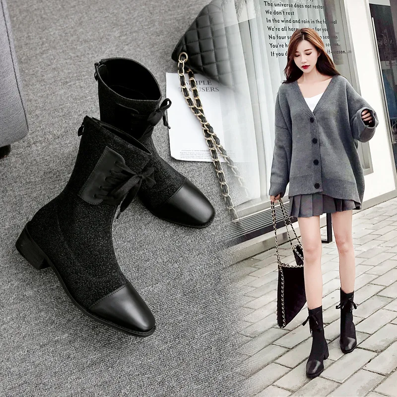 

Rock Shoes Woman Women's Mid Calf Boots Zipper Booties Ladies Luxury Designer Chunky Heel Martins 2019 Med Black Autumn Fashion