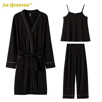 

Ladies Black Woman New Soft Robe Set Solid Fashion Style Casual Style Solid Woman Robe Spring Autumn Bathrobe Kimono Yukata