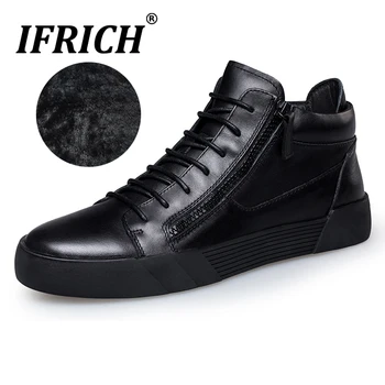 

Winter Fashion Men Sneakers Split Leather Young Casual Shoes Black With Fur Mens Zipper Shoe High Top Warm Leather Man Sneakers