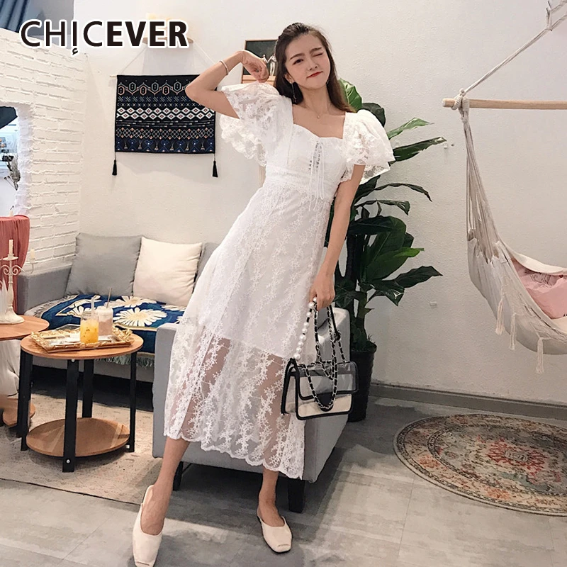 

CHICEVER Embroidery Lace Patchwork Womens Dress Square Collar High Waist Short Sleeves Bandage Evening Party Dress Female 2019