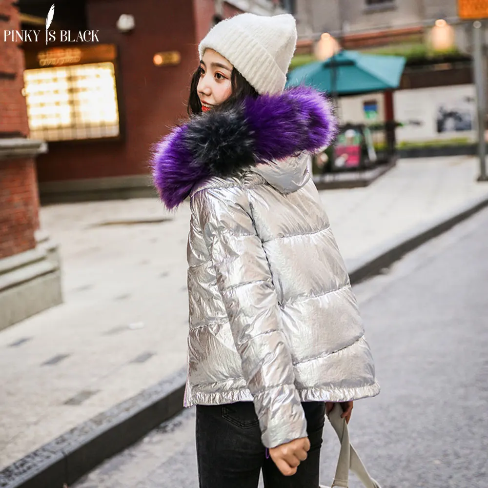 

PinkyIsBlack 2019 Glossy Down Cotton Parka Winter Women Jacket Fur Hooded Winter Warm Thick Short Parka Winter Coat Jacket Women