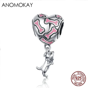

Anomokay S925 Silver Dog Charm 925 Sterling Silver Pink Enamel Bone Puppy Animal Heart Bead Pendant fit Women Bracelet Necklace