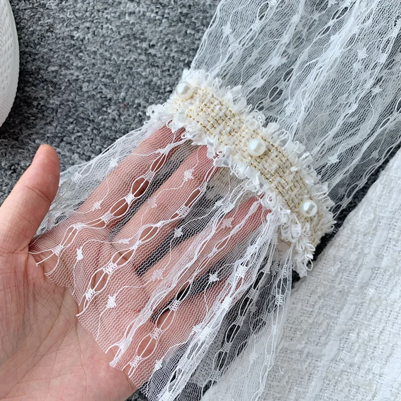 Tanie Damski strój bluzka zwężana z koronką i panie Tweed zroszony dekolt kamizelka do sukienki powyżej kolana sukienka trapezowa dwuczęściowy zestaw ML407