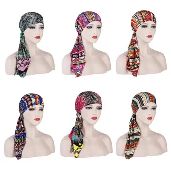 

Fashion Women Printed Head Wrap Cover Chemo Caps Muslim Long Tail Bonnet Hijab Elastic Islamic Headscarf Ethnic Arab Bandanas