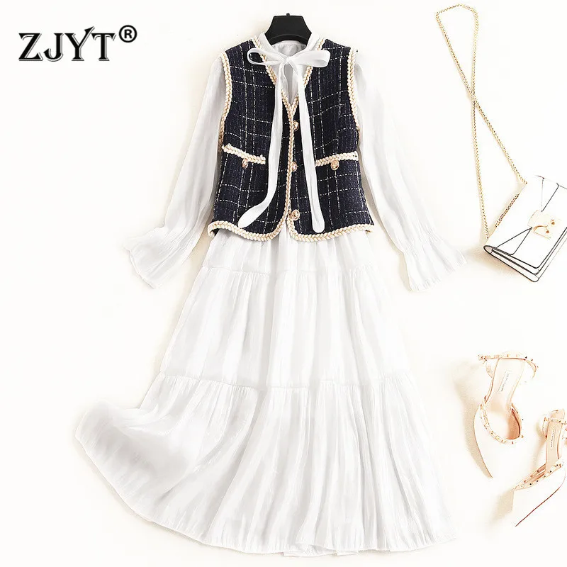 

High Fashion Dress Runway Women Clothing 2019 Autumn Designer Plaid Tweed Woolen Vest and Long Sleeve White Dress Casual Vestido