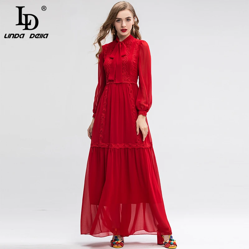 Женское длинное платье LD LINDA DELLA с цветочной вышивкой и бантом на воротнике
