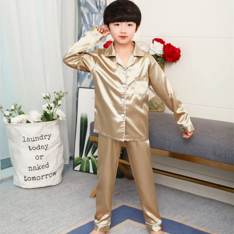 Spring Autumn Children Satin Pajamas Sets Kids Solid Color Pyjamas Girls Boys Pocket Pijama Teenage Silk Long Sleeve Sleepwear |