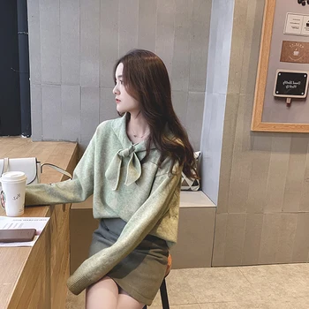 

Bow Tie Autumn Winter Sweater Women Solid Color Knitted Sweaters V-neck Long Sleeve Female New Pullover Sweater Top Warm 2020