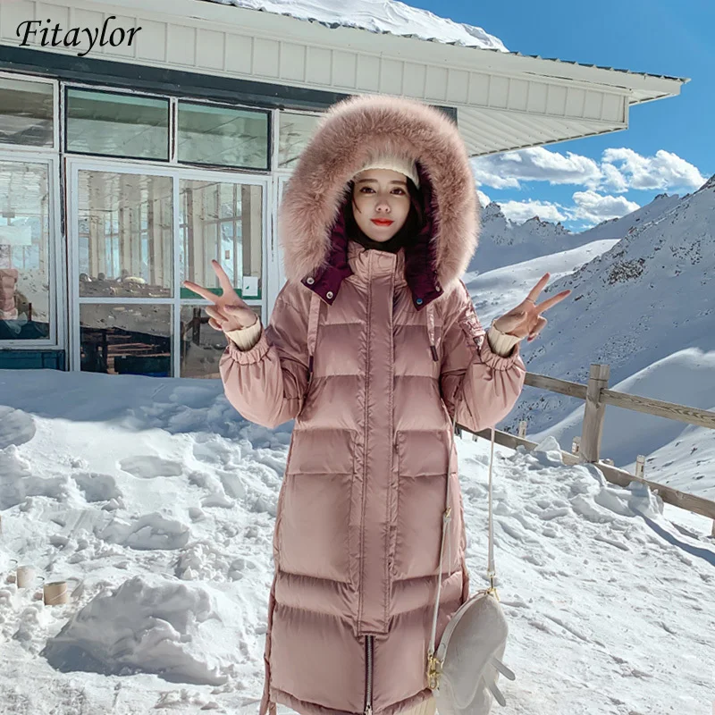 Fitaylor Winter Real Fur Hooded Long Jacket Women