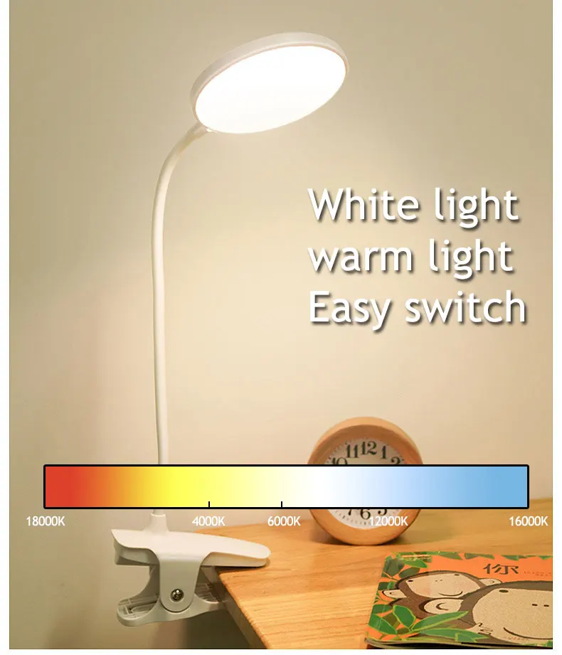 Настольная лампа с зажимом, сенсорная настольная лампа, 1200 мА/ч, светодиодный перезаряжаемый Настольный светильник для чтения, 6000 K, USB, Настольный светильник, Флексографские лампы, настольные, белые