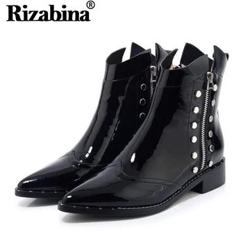 

RIZABINA Women Sexy Pointed Toe Real Leather Motorcycle Boots Fashion Zipper Flats Boots Daily Club Botas Footwear Size 34-42