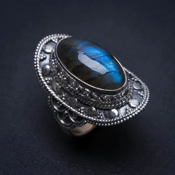

Natural Blue Fire Labradorite Handmade Indian 925 Sterling Silver Ring, Size 7 S3192