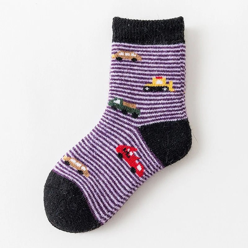 Детские зимние носки жаккардовые плетеные носки в полоску с мультяшным автомобилем для девочек и мальчиков, утепленные шерстяные теплые детские носки без катышков - Цвет: Purple