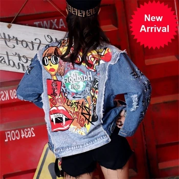 

Blue Denim Women Loose Punk Jacket Button Pocket Turn Down Collar Letter Graffiti print Hole Hip hop style