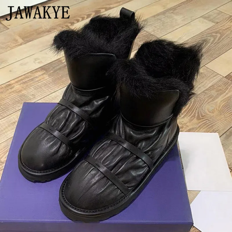 Winter Thick feaher Wool ankle boots Women Warm Flat fur Shoes Woman black white Strap Leather Boots Waterproof Snow Boots