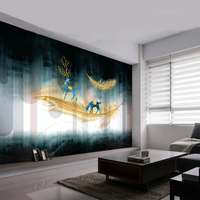

Nordic 3D Abstract Wallpaper Golden Feather Elk Geometric Pattern Background Wall Decorative Painting Living Room TV Backdrop