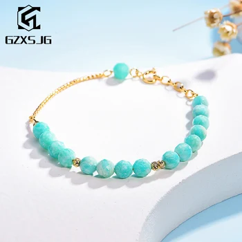 

GZ 100% Natural Amazonite Gemstone 925 Sterling Silver Elegant Chain Bracelet Silver Bead Round Charm Handmade Bracelet For Gift